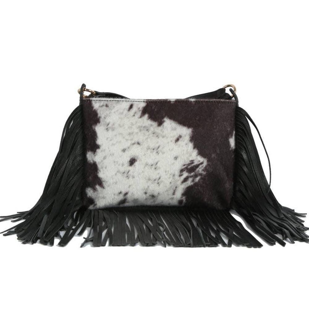 Black Vegan Cowhide Fringe Crossbody Bag | Western Hair-On Shoulder Bag
